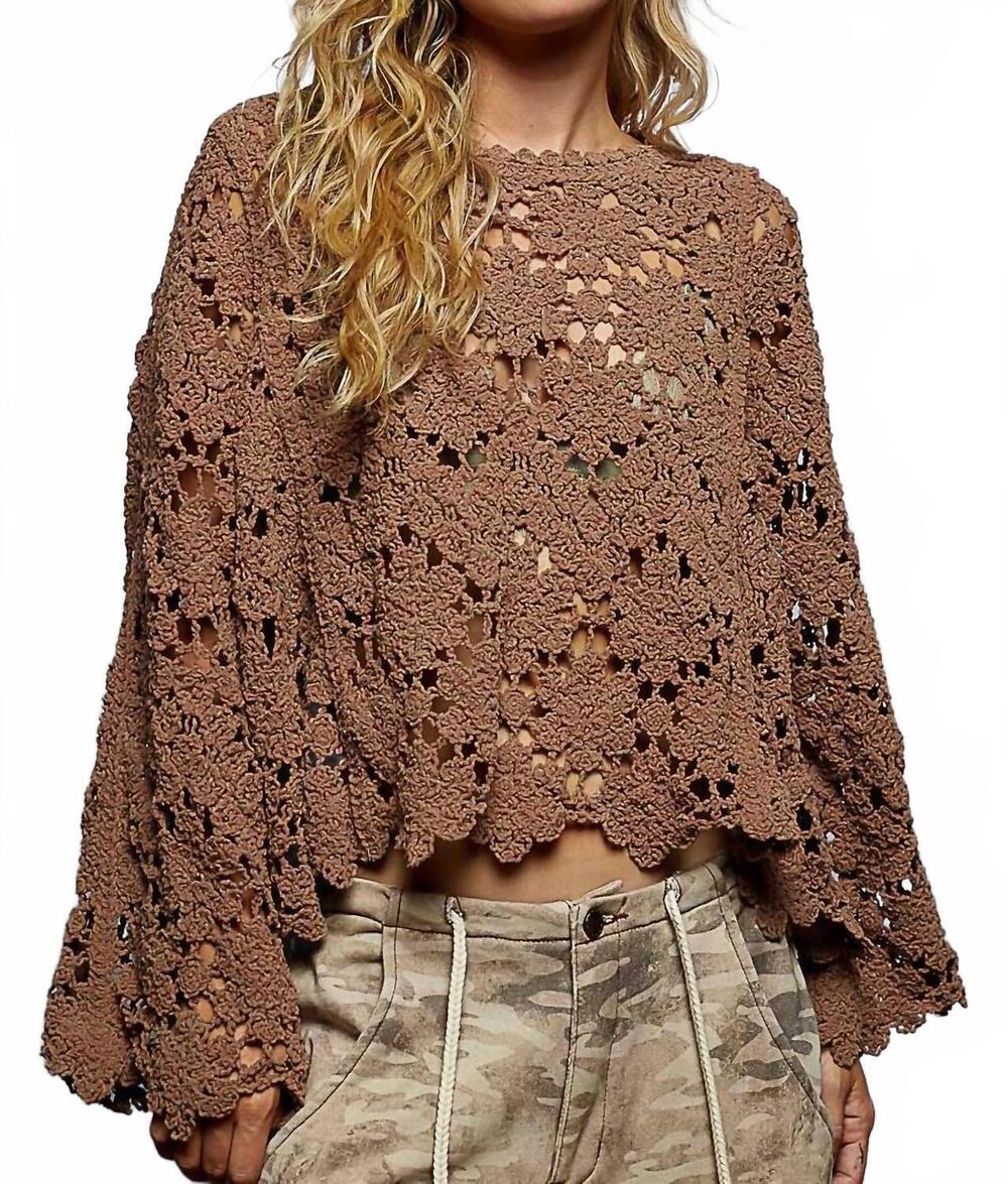 NEW POL crochet knit sweater top in brown